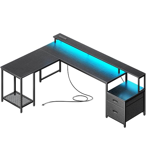 PRAISUN 66" L Shaped Gaming Desk with LED Lights & Power Outlets | Computer Desk with Fabric Drawers and Print Stand, Corner Office Desk, Monitor Stand, Mesh CPU Stand, Black