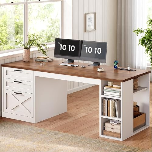 SEDETA 55.1" Farmhouse Office Desk with 3 Drawers for Home Office | Computer Desk with File Drawer & Storage Shelves,Executive Desk with Power Outlet for Home Office,,White and Brown