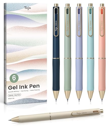 Taja Gel Pens, 6 Pcs Quick Dry Black Ink Pens, 0.5mm Fine Point, Pastel | Retractable Pens with Soft Grip, Smooth Writing for Journaling and Note Taking, Cute Aesthetic Design for Women & Men