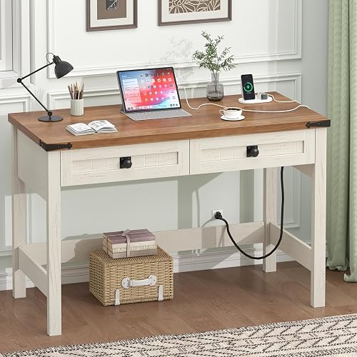 39 Inch Farmhouse Small Computer Desk with Drawers for Bedroom, Home Office | Small Office Computer Desk with 2 Drawers & Power Outlets, Compact Writing Study Desk for Small Spaces, Antique White