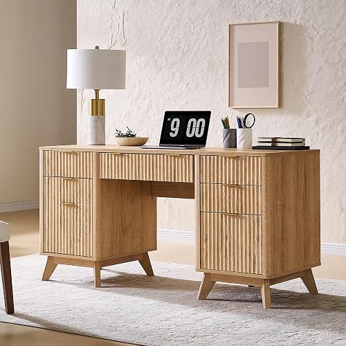T4TREAM 60" Modern Fluted Executive Desk with Drawers, Natural Oak | Charging Station, File Cabinet, Keyboard Tray, Storage Cabinet, Organized Workspace for Home, Office