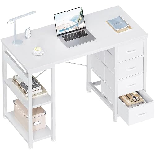 ODK 40 Inch Small White Computer Desk with 4 Fabric Drawers | Modern Office Desk for Home Office Gaming with Storage Shelves Study