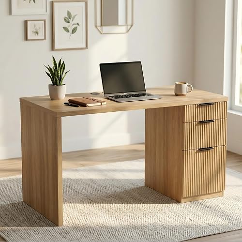 FURSUN 58" Home Office Desk with Power Outlet & File Cabinet, Modern Fluted Executive Desk with 3 Storage Drawers, Large Computer Workstation for Study & Bedroom, Natural Oak