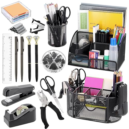 17 IN 1 Office Desk Organizer Set for Back to School Supplies Accessories | 3 Office Desk Storage Organization, 4 Pens, Stapler, Staples & Remover, Tape & Dispenser, Scissors, Ruler, Clips, Hole Punch