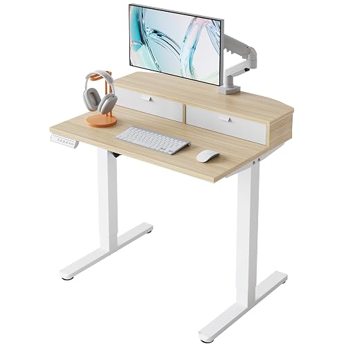 HUANUO 32" X 21" Electric Standing Desk with 2 Drawers, C-Clamp Mount Compatible, Height Adjustable Computer Desk, Home Office Stand Up Desk with 4 Preset Heights & 2 Hooks, Light Walnut