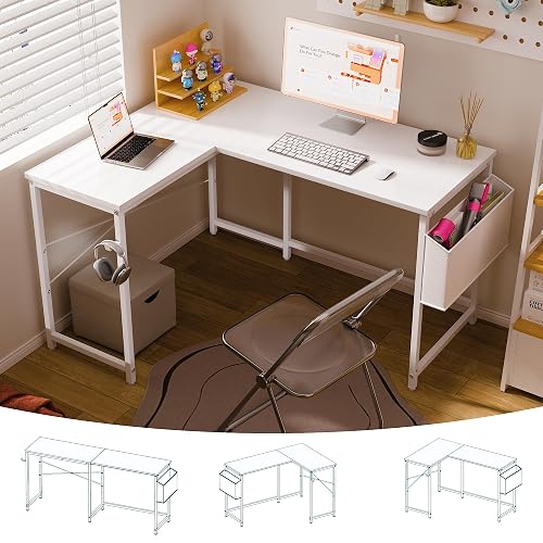 Pamray 47 Inch Reversible L Shaped Gaming Desk Corner Computer Desk with Storage Bag Home Office Table for Writing Study White