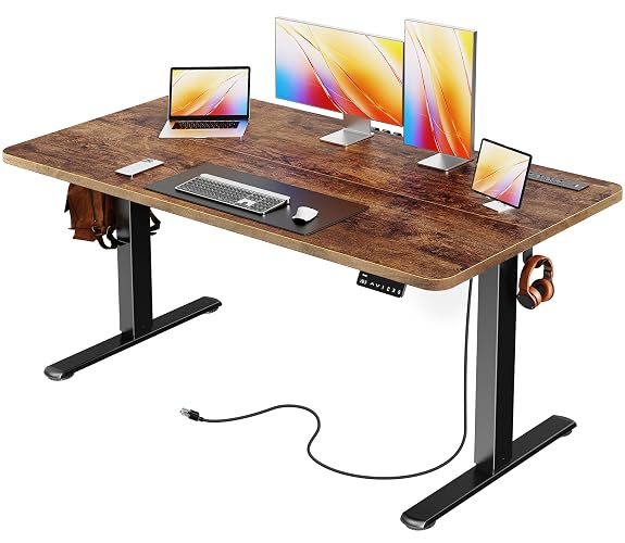 Huuger Electric Standing Desk with Power Outlets and USB-C Port, 55 X 24 Inch Height Adjustable Desk, Sit Stand Desk for Home Office, Computer & Gaming Desk with 4 Presets, Rustic Brown