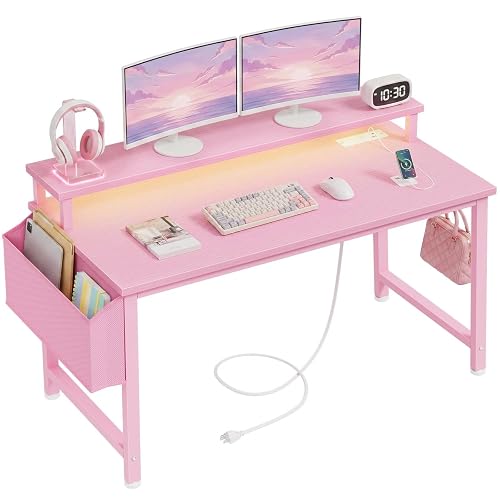 Lufeiya Girls Desk with Power Outlets and LED Lights, 40 Inch Gaming Desk Table with Charging Station, Home Office Computer Desks with Monitor, Pink