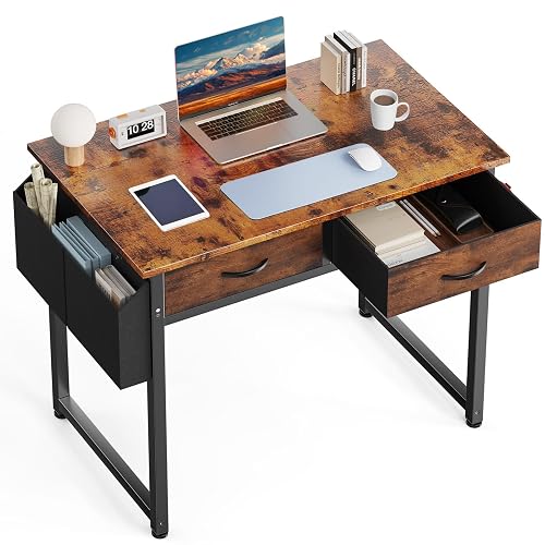 DUMOS 32-Inch Small Computer Desk with Drawers and Hook, Brown | Home Office Desk for Bedroom, Gaming Writing Study Desk with Adjustable Feet
