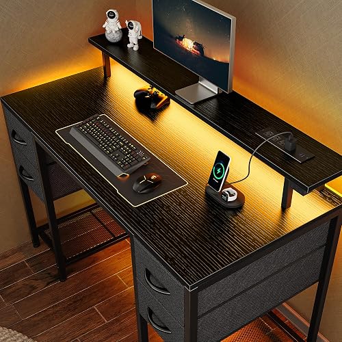 Huuger 47 inch Computer Desk with Power Outlets & 4 Drawers | Gaming Desk with LED Lights, Home Office Desk with Large Storage Space for Bedroom, Work from Home, Black