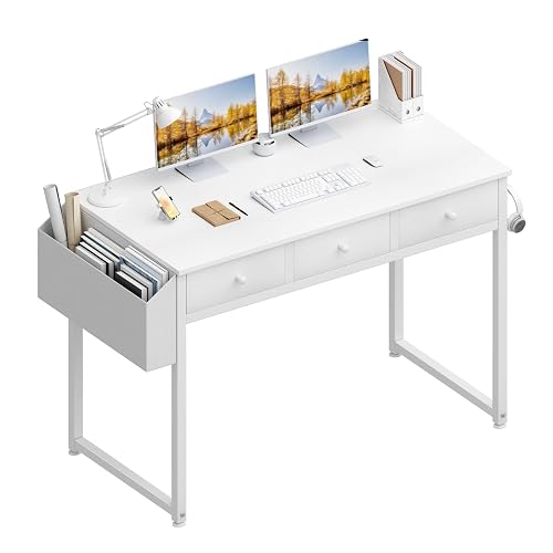 Lufeiya Small White Computer Desk with Drawers for Home Office Bedroom, 40 Inch Vanity Desk with Fabric Drawer Storage and Side Pouch, Study Writing Table, White