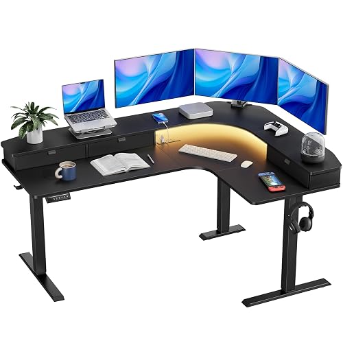 HUANUO 65″ L Shaped Standing Desk with 3 Drawers, Adjustable, Black | Built-in Power Outlets, LED Strip, Smooth Electric Height Adjustment, 4 Memory Presets, 220 lbs Capacity, Power Strip Holder