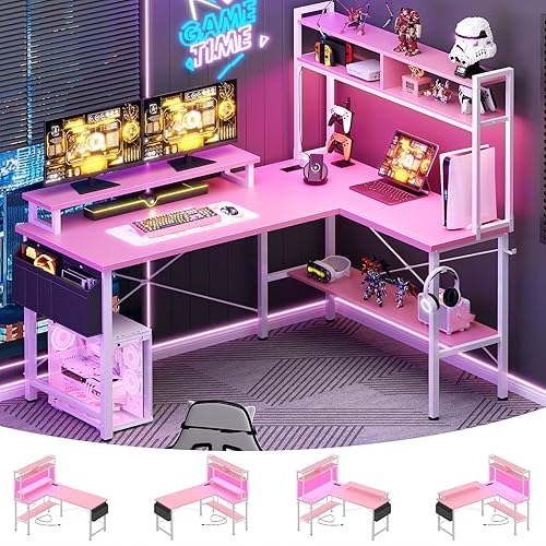 Aheaplus L Shaped Gaming Desk with Power Outlets & LED Lights, Pink | Small L- Shaped Desk Computer Corner Desk with Monitor Stand & Shelf, Home Office Desk Writing Desk with Storage Bag & Hooks