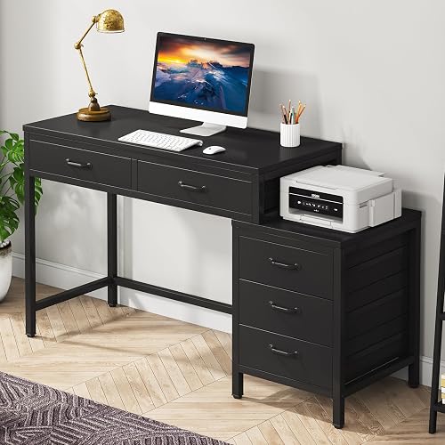 Tribesigns Computer Desk with 5 Drawers, Reversible Home Office Desks | Small Desk with Drawer Cabinet Printer Stand, PC Desk with Storage, Black Study Writing Table Workstation for Small Spaces
