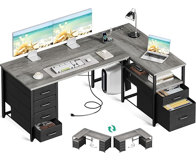 Coleshome 55 Inch L Shaped Office Desk with 6 Drawers, Power Outlet, Grey | 5 Fabric Drawers, File Drawer, USB and Type-C Ports, Open Storage Shelf, Reversible Layout for Home Office
