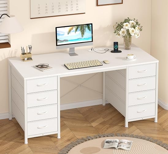50 Inch Computer Desk with 8 Drawers for Home Office, Bedroom, Living Room | Home Office Desk with Power Outlets, Work Study Gaming Desk with 8 Fabric Drawers, Vanity Desk for Bedroom