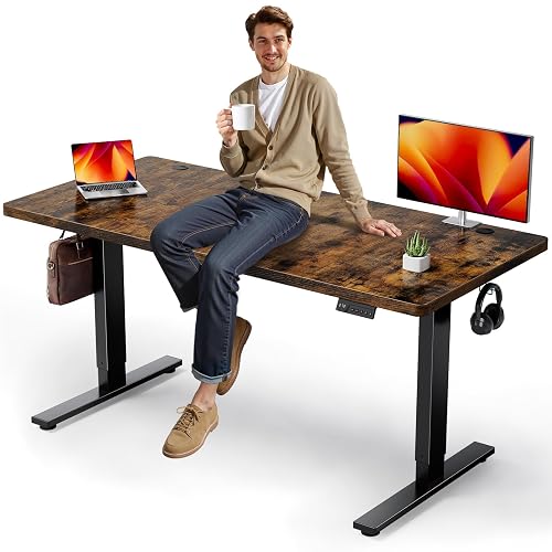 DeskShow Brown 63x30 in Electric Standing Desk, 1 Inch Thick Tabletop | Double Beam Frame, Holds 220lbs, Sit Stand, 3 Memory Height Adjustment, Extra Deep Table Top, Black Frame