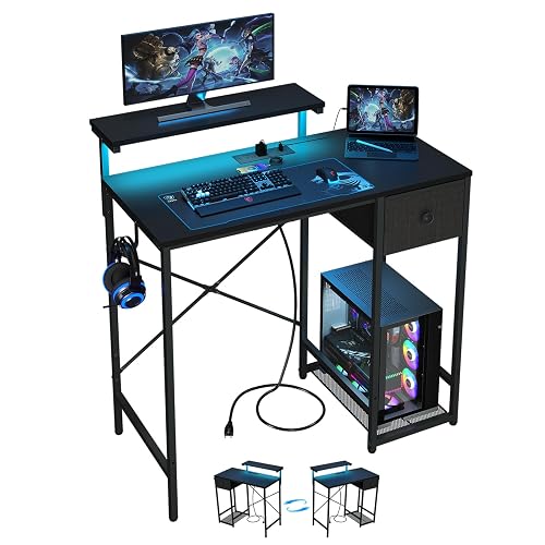 X-cosrack 33.5" Small Gaming Desk with LED Lights & Power Outlets, Compact Computer Desk with Monitor Stand & CPU Stand, Gamer Table with Storage Drawer, Side Hooks for Home Office, Bedroom, Black