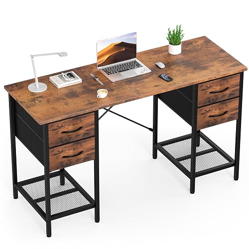 Sweetcrispy 56" Computer Desk with 4 Drawers and Shelve, Brown | Gaming Writing Study PC Table for Home Bedroom with X-Shaped Reinforced Structure