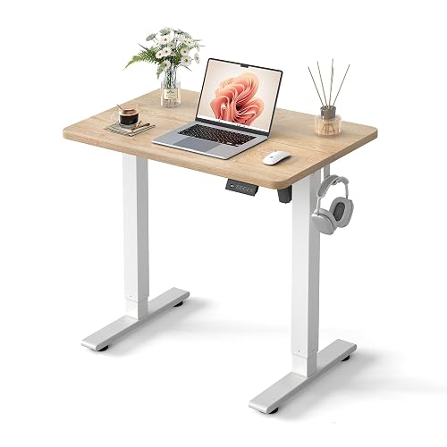 Cubiker Standing Desk, 32" Small Sit Stand Home Office Desk, Electric Stand up Desk, Adjustable Desk with Splice Board, White Frame/Maple Top