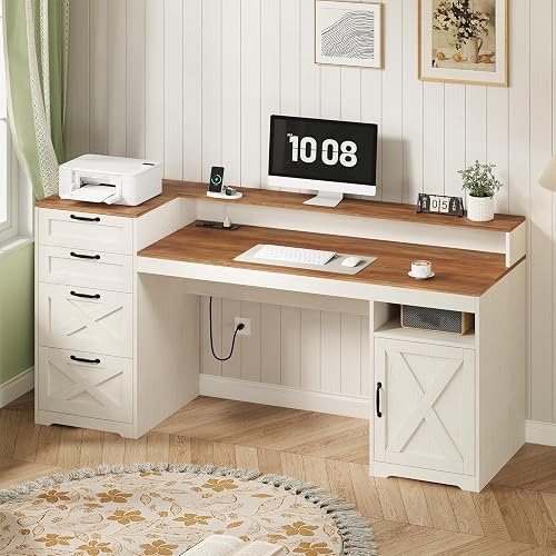 63" Farmhouse Computer Desk with 4 Drawers for Home Office, Bedroom | Executive Desk with Printer Shelf, Monitor Stand, Home Office Desks with Power Outlets, Storage Shelves, Antique White