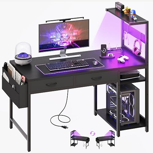 40 Inch Small Gaming Desk with Drawers & Led Lights & Storage Bag, Black | Reversible Storage Shelf, Power Outlets, Wood Grain Gaming Table, Compact Computer Desk for Small Space, Bedroom, Home Office