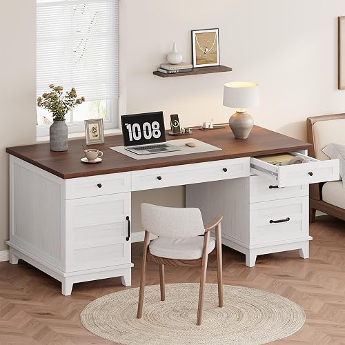 Garvee 60" Wooden Home Office Desk with File Drawers, Executive Desk with Adjustable Cabinet, Farmhouse Wood Desk with Power Outlet, Distressed Study and Work Table, Rustic White