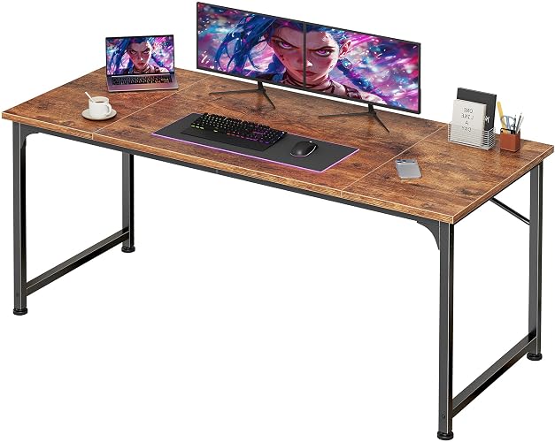 PRAISUN 55 Inch Computer Desk, Office Desk, Spacious Desktop, Rustic Brown | Modern Gaming Desk for Bedroom, Study, Work, Gaming & Writing, Large Legroom, Sturdy Metal Frame, Small Spaces