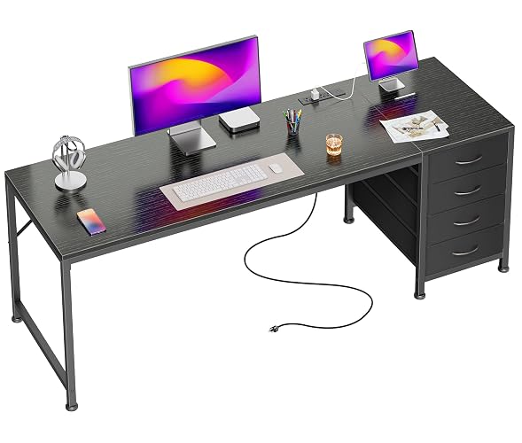 PRAISUN 63 Inch Computer Office Desk with Power Outelts and USB-C Port, Reversible Gaming Desk with 4 Fabric Drawers, Work Study Desk Work from Home, Black