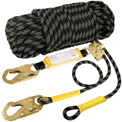TRSMIMA Rope Harness Safety Lanyard：50ft Roofing Rope Fall Protection | Vertical Safety Harness Rope With Grab Snap Hooks Shock Absorber - Tree Climbing Line Kit Heavy Duty Safety Equipment ANSI CE