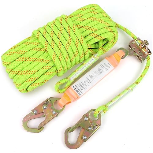 Rope Harness Safety Lanyard 50FT Fall Protection Vertical Roofing Rope | 50FT Anti-fall Safety Rope with Grab Snap Hooks, Shock Absorber, Heavy Duty Vertical Roofing Rope, Tree Climbing Line Kit