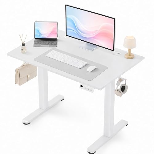 Claiks 40 x 24 Inch White Electric Standing Desk | Adjustable Height, Sit Stand, 3 Memory Presets, Cable Management, Space-Optimized, Home Office & Bedroom