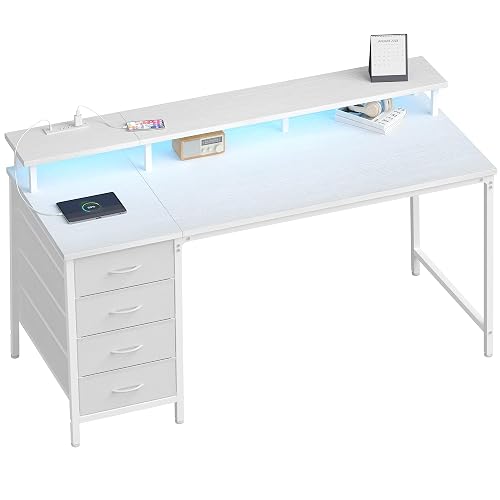 DUMOS 47-Inch Gaming Computer Desk with Drawers for Home Office, White | Desk with Monitor Stand for Bedroom Study and Writing, PC Desk with Power Outlets and LED Lights