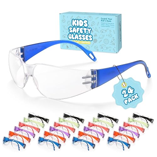 bysaficia 24 Pack Kids Clear Safety Glasses, ANSI Z87.1 Youth Safety Goggles, Impact Resistant Polycarbonate Lenses, Boys Girls Eye Protection for School Science Lab, Sports, Nerf Party & DIY