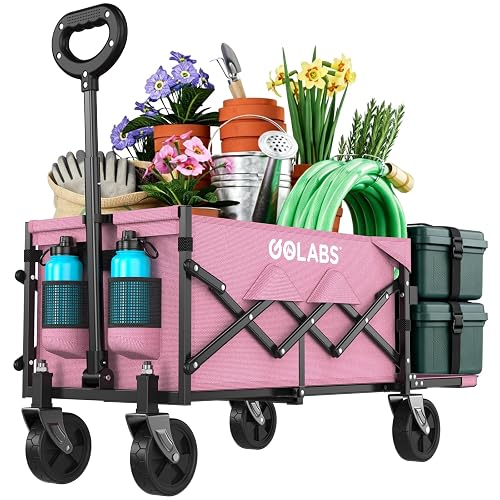 Golabs WA1 Collapsible Folding Wagon Cart, Max 220lb Load, Expands to 100L | Dual-Bearing Wheels, Smooth Swivel Steering, Drop-Down Tailgate, Extended Storage, 2 Cup Holders, Grocery/Garden/Camping Pink