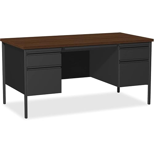 Lorell Fortress Series Double Pedestal Desk, 60" x 30" x 29.5", Black Steel Frame with Walnut Top