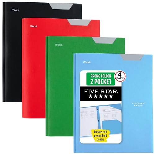 Five Star 2-Pocket Plastic Folder with Stay-Put Tabs and Prong Fasteners, Holds 8.5" x 11" Paper, Assorted Colors, 4 Pack (340300A)