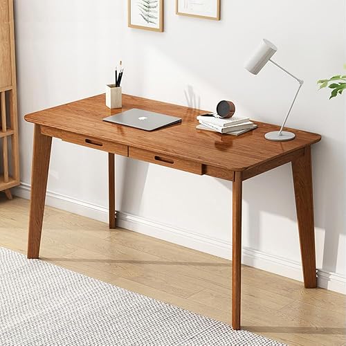 IOTXY Solid Wood Writing Desk - Home Office Laptop Computer Table, Walnut | Nordic Minimalist Style, MDF Tabletop, Solid Wood Legs, Double Drawers, Ergonomic Work Table, Workbench Desk