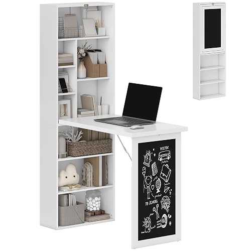 HOMCOM Foldable Convertible Writing Table Space-Saving Computer Desk White | Wall Mounted Design, Chalkboard, Storage Shelves, for Small Spaces, Home Office, Bedroom, Dorm, Apartment