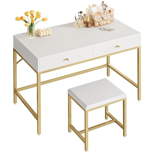 SUPERJARE 35.4" White and Gold Desk with 2 Drawers, Modern Makeup Vanity | Vanity with Padded Stool, Small Computer Desk Home Office Desk for Writing Study Bedroom