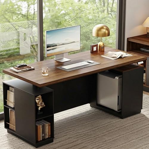 ModernMate 71" Executive Standing Desk with Privacy Panel, Black Walnut | Electric Height Adjustable with One-Piece Desktop, Built-In Power Outlets and Storage, Home Office Executive Workstation