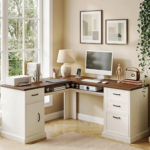 Ball & Cast 58" Farmhouse L Shaped Executive Desk, White & Brown | Charging station, Hidden Storage Shelves, Drawers & File Cabine(Hooks not include)
