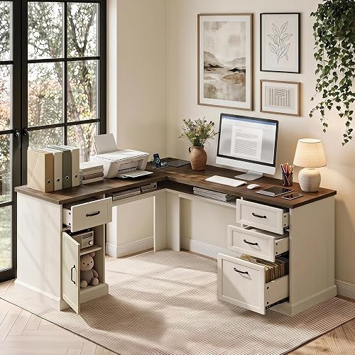 Ball & Cast L Shaped Executive Desk with Storage, 4 Drawers, Brown & White | Home Office Desk with 4 Drawers, Storage Shelf, Charging Station and File Cabinet for Work, Study and Computer Use