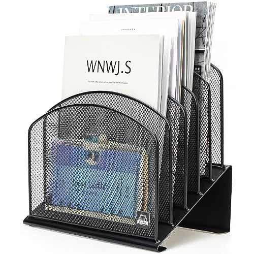 Delifox Inclined Desk File Organizer,Vertical File Folder Holder Stand Metal Rack File Sorter for Office Classroom Desktop Organization (1, Black, 5)