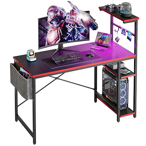 Bestier Gaming Desk with LED Lights, 44 Inch PC Gamer Desk for Small Spaces, Computer Desk with Reversible Storage Shelves & Side Storage Bag (Black 3D Carbon Fiber)