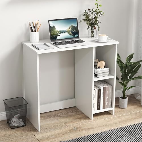 Tangkula Small White Desk with Shelves, Compact Desk for Small Space, Study Writing Table with 2 Tier Shelves, Modern Simple Style Laptop PC Table, White