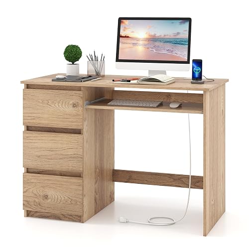Tangkula Computer Desk with 3 Storage Drawers & Built-in Charging Station, Home Office Desk with Keyboard Tray, PC Desk Study Writing Desk, Vanity Table for Bedroom, Computer Workstation (Natural)