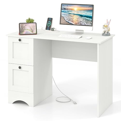 Giantex Computer Desk with 2 Drawers, 43” Wooden Home Office Desk with Charging Station, Compact Study Writing Desk, Modern Laptop PC Desk Computer Workstation for Bedroom, Living Room (White)
