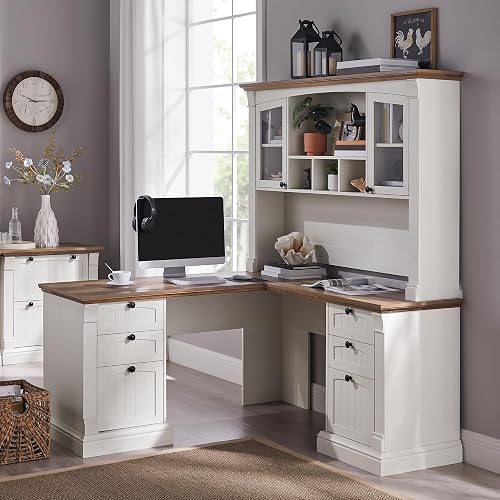 OKD 60" L Shaped Farmhouse Executive Desk with Hutch, Antique White | Charging Station, File Cabinet, Drawers, Home Office Desk, Wood Corner Computer Desk for Work, Study