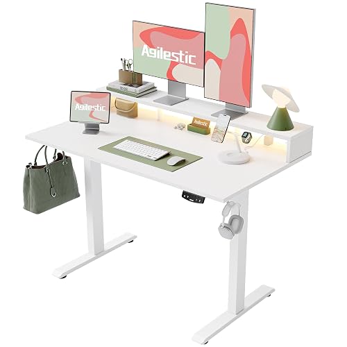 Agilestic 48 * 24 Inch Electric Standing Desk with Shelf & Led, White | Electric Height Adjustable, Outlets&Led, Monitor Stand, Sturdy Steel Frame, Memory Presets, Hooks, 154 lbs, Splice Board